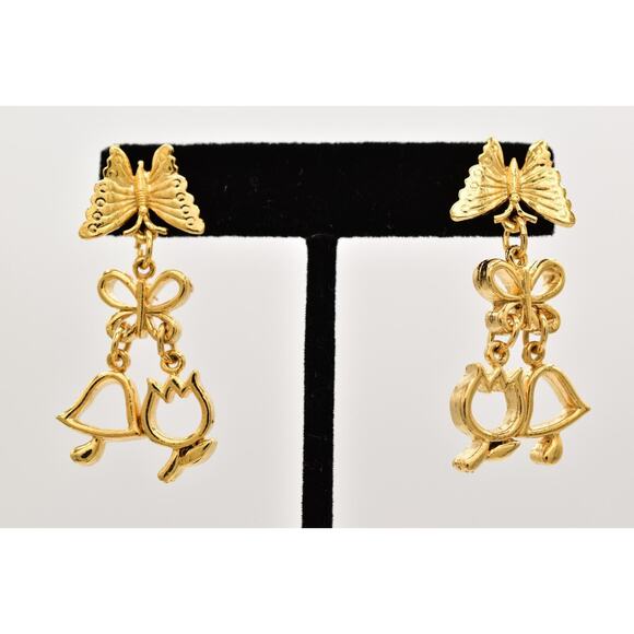 Vintage Dangle Earrings Butterfly Flower Mushroom Gold Tone Shiny 1990s BinBF - Picture 1 of 12